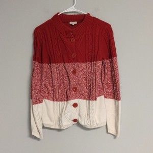 Talbots Red White Striped Cable Knit Button Down Mock Neck Sweater Medium Petite